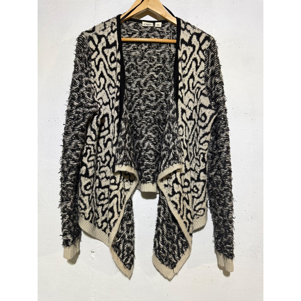 Cato Womens XL Abstract Geometric Open Front Cardigan Black Cream Eyelash Knit